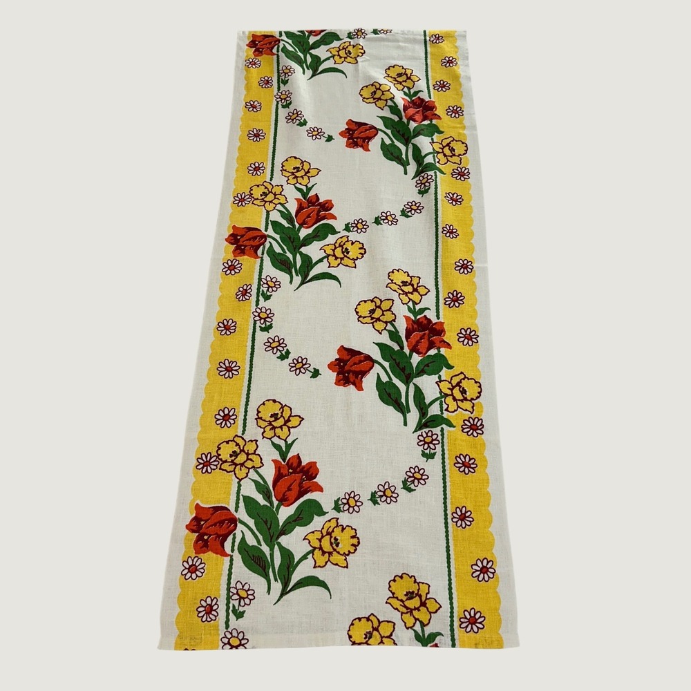 Vintage Floral Linen Table Runner Red Tulips Yellow Scalloped Border 40x16 MCM